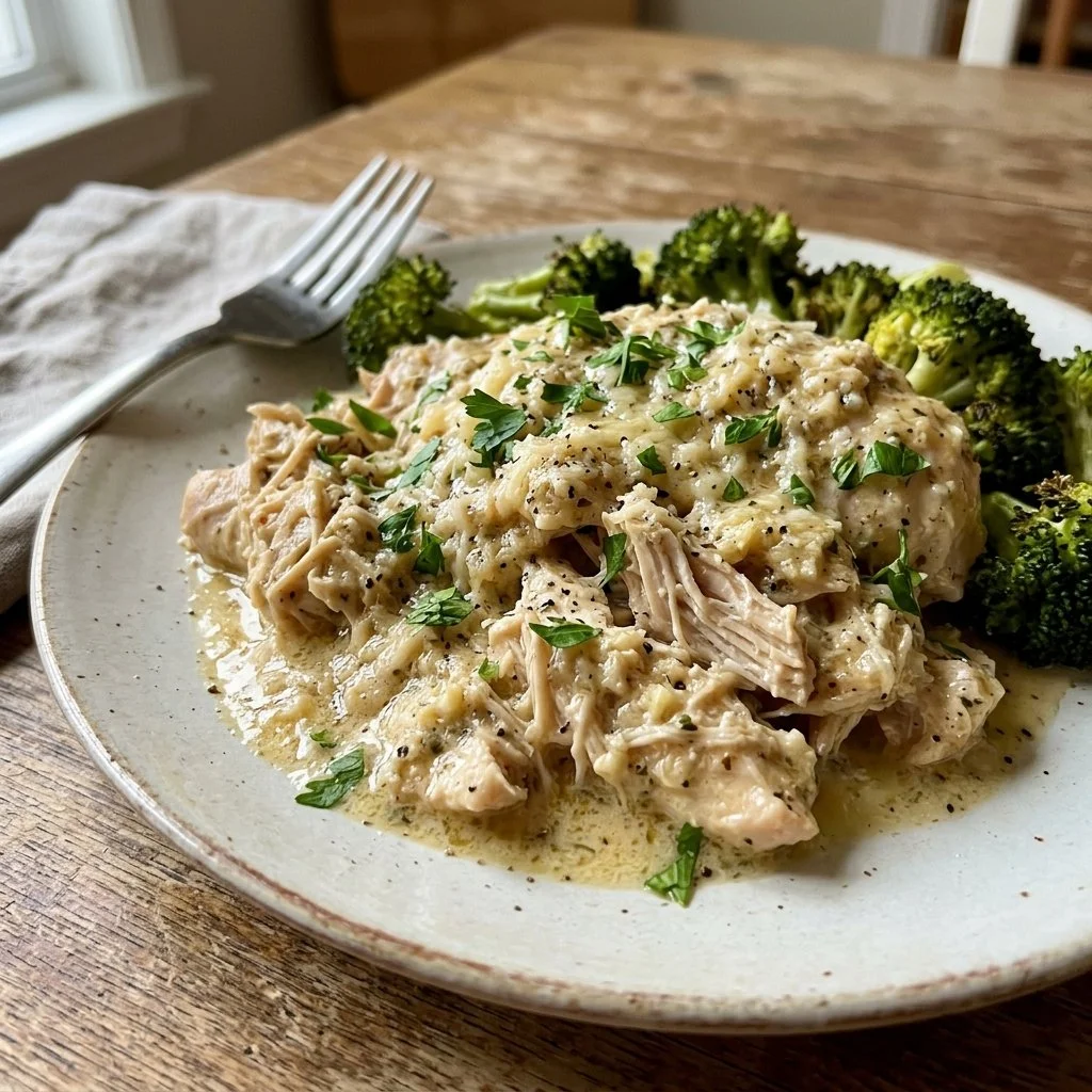 Garlic Parmesan Chicken in a crockpot, juicy and aromatic dish.