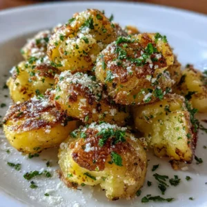 Delicious Garlic Parmesan Smashed Potatoes topped with herbs and cheese