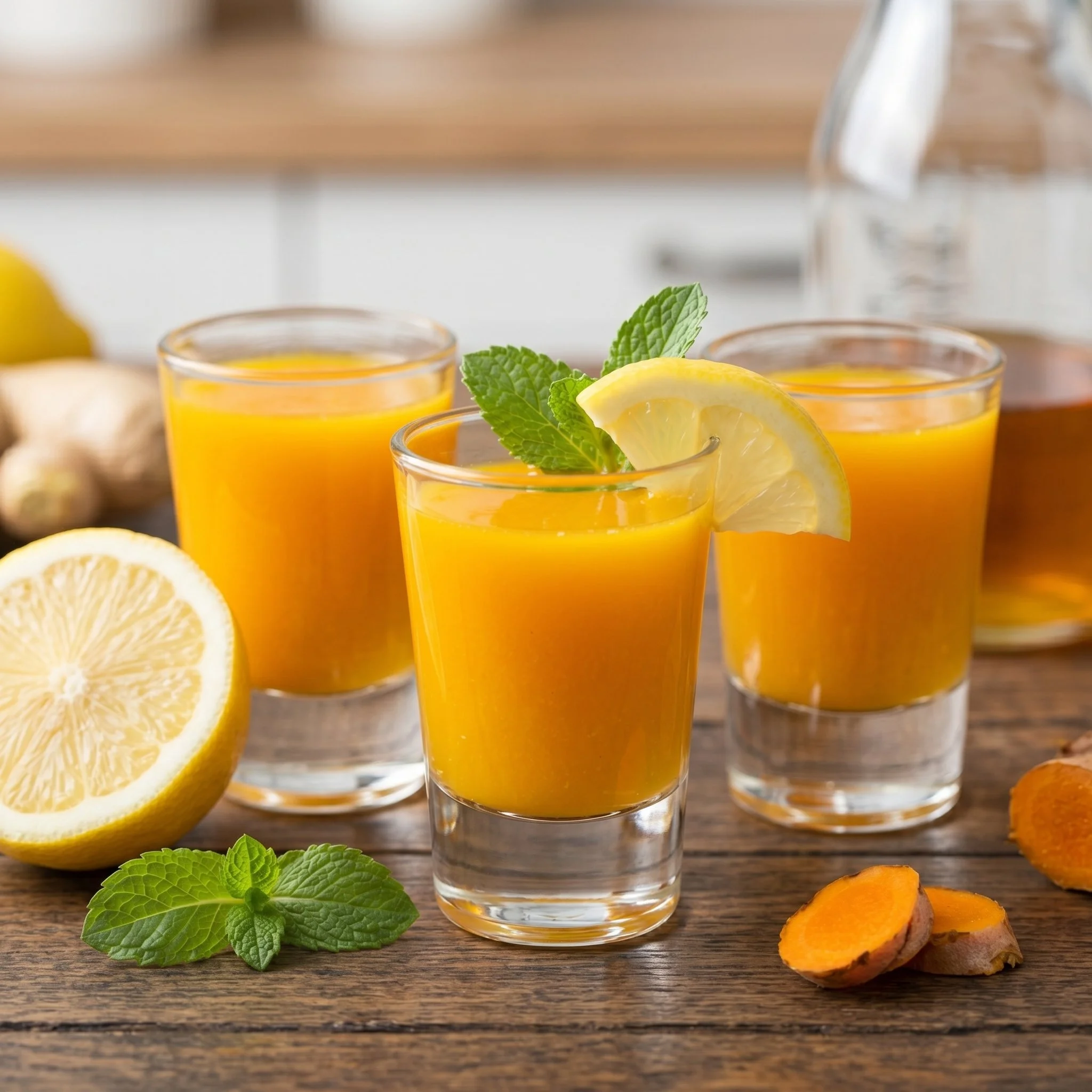 Healthy ginger turmeric shots in a glass with fresh ingredients.