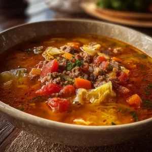 Delicious bowl of Golumpki Soup with cabbage, rice, and savory meat.