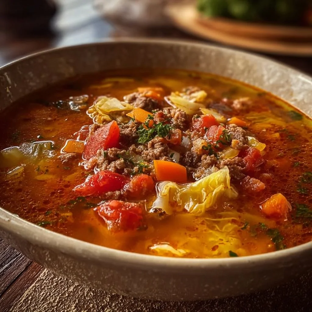 Delicious bowl of Golumpki Soup with cabbage, rice, and savory meat.