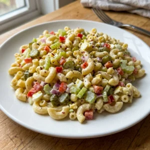 Gordon Ramsay's macaroni salad recipe with colorful vegetables and creamy dressing.