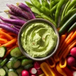 Bowl of creamy Greek Green Goddess Dip with fresh vegetables