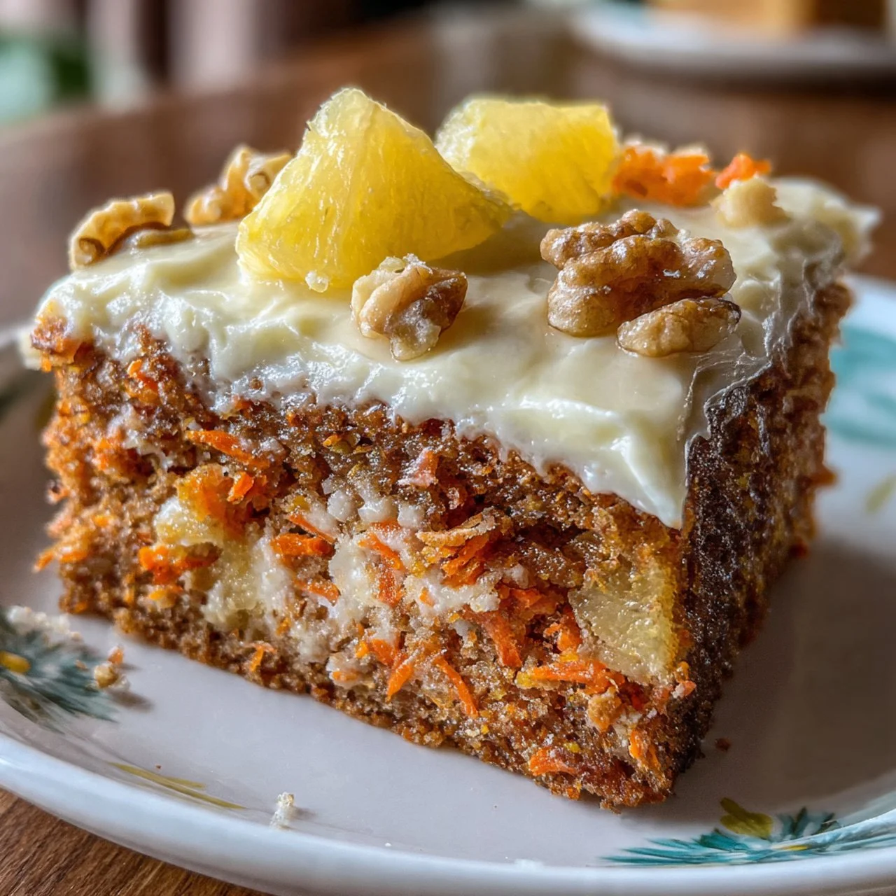 Slice of Hawaiian Carrot Pineapple Cake with colorful sprinkles and frosting