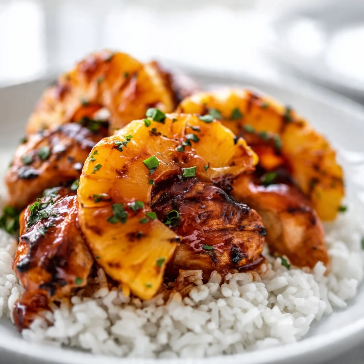 Hawaiian Chicken served with pineapple and coconut rice on a plate