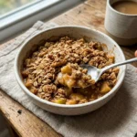 Healthy high protein apple crisp dessert with fresh apples and oatmeal topping.