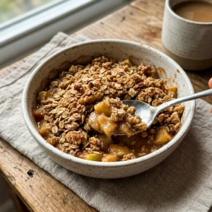 Healthy high protein apple crisp dessert with fresh apples and oatmeal topping.