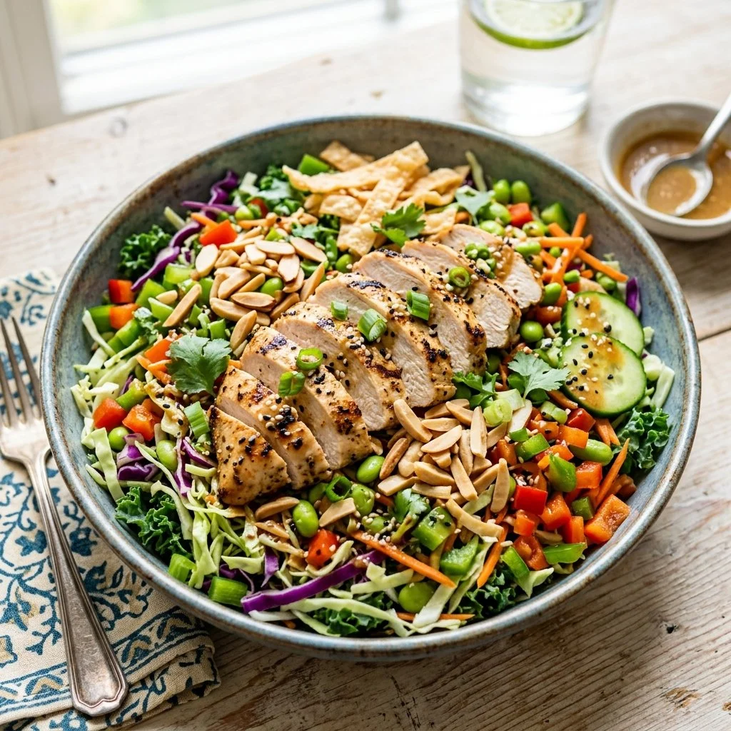 High protein Asian Chicken Salad with fresh vegetables and dressing