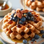 High protein cottage cheese waffles served with fresh fruits and syrup