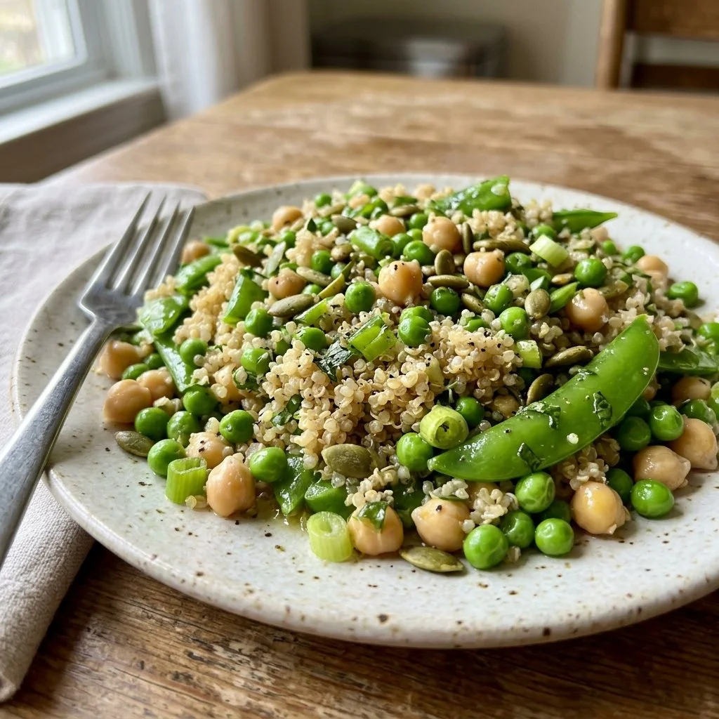 High Protein Quinoa Pea Salad served in a bowl garnished with fresh herbs