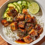 Honey glazed salmon rice bowl garnished with fresh vegetables and herbs