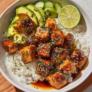 Honey glazed salmon rice bowl garnished with fresh vegetables and herbs