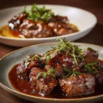 Delicious crockpot steak bites served on a plate with herbs and seasoning