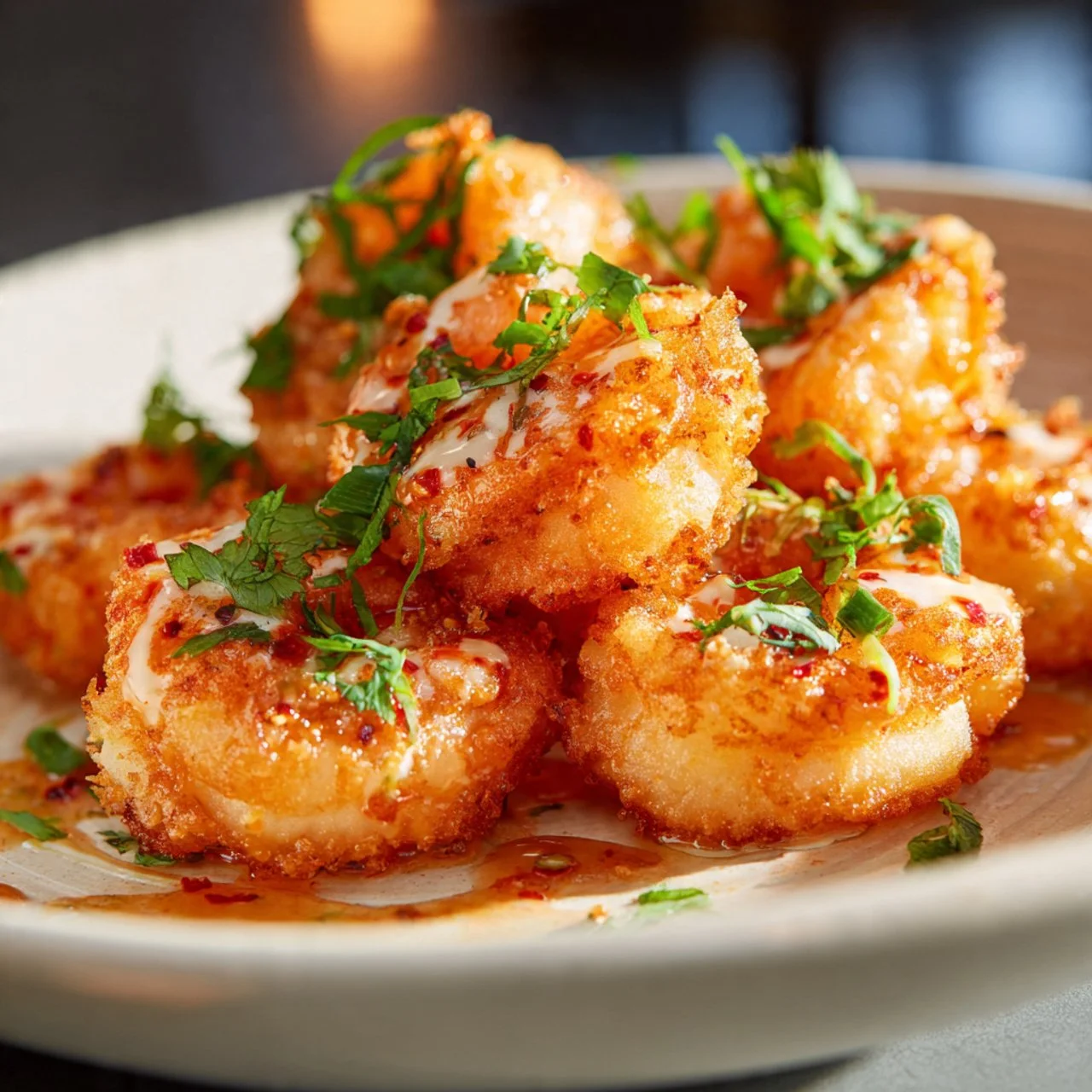Keto Bang Bang Shrimp served on a plate with a spicy sauce and garnishes.
