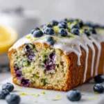 Keto-friendly lemon-blueberry zucchini bread on a wooden table
