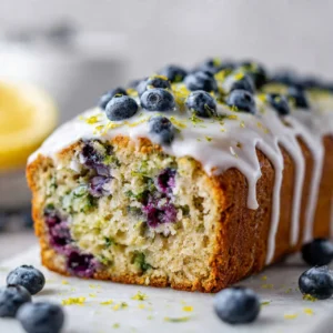 Keto-friendly lemon-blueberry zucchini bread on a wooden table