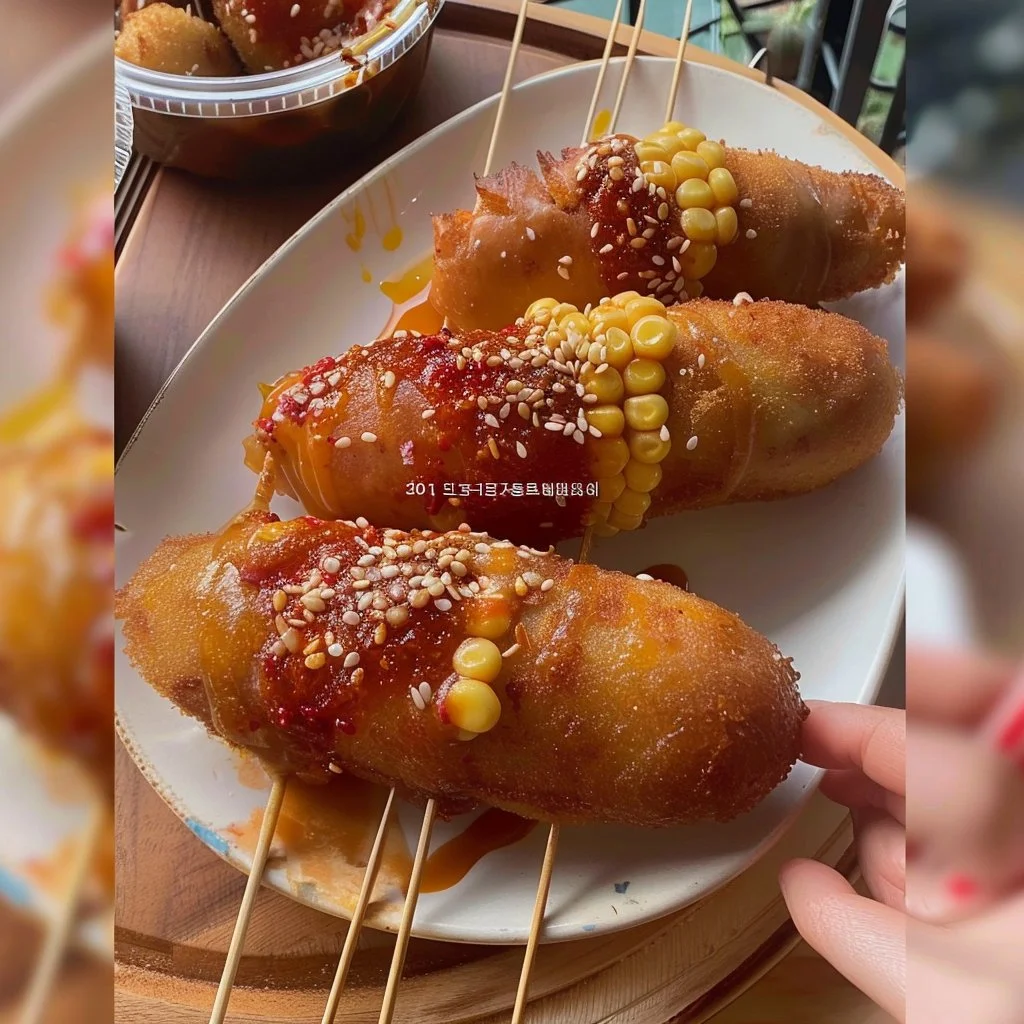 Delicious Korean corn dog with crispy batter and gooey cheese filling