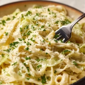 Delicious low carb Cabbage Noodles Alfredo served in a bowl