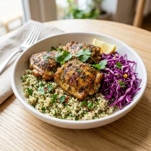 Plate of Low FODMAP Spiced Lemon Chicken garnished with herbs