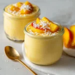 A bowl of creamy mango peach coconut tofu mousse topped with fresh fruits.