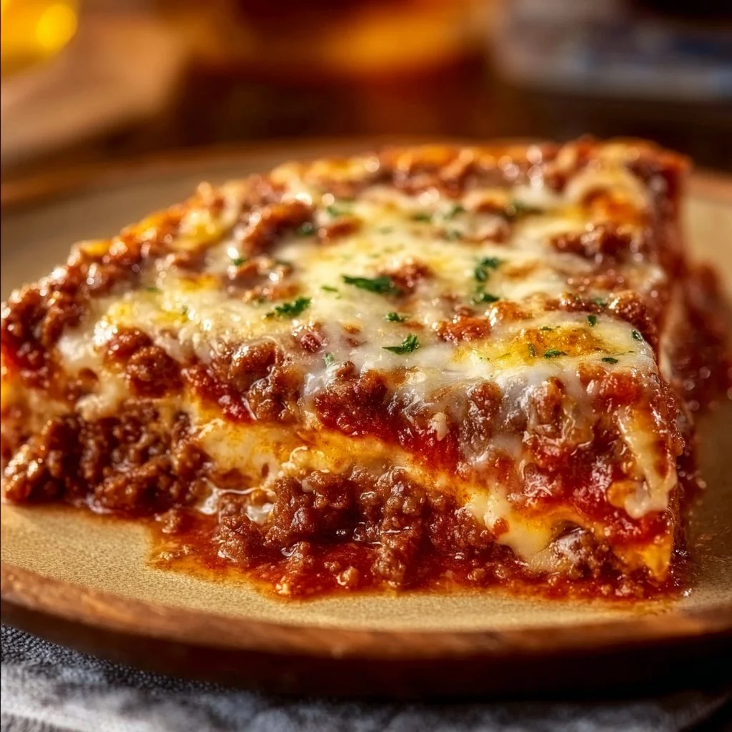 Delicious Meat Lovers Pizza Casserole with layers of meat and cheese