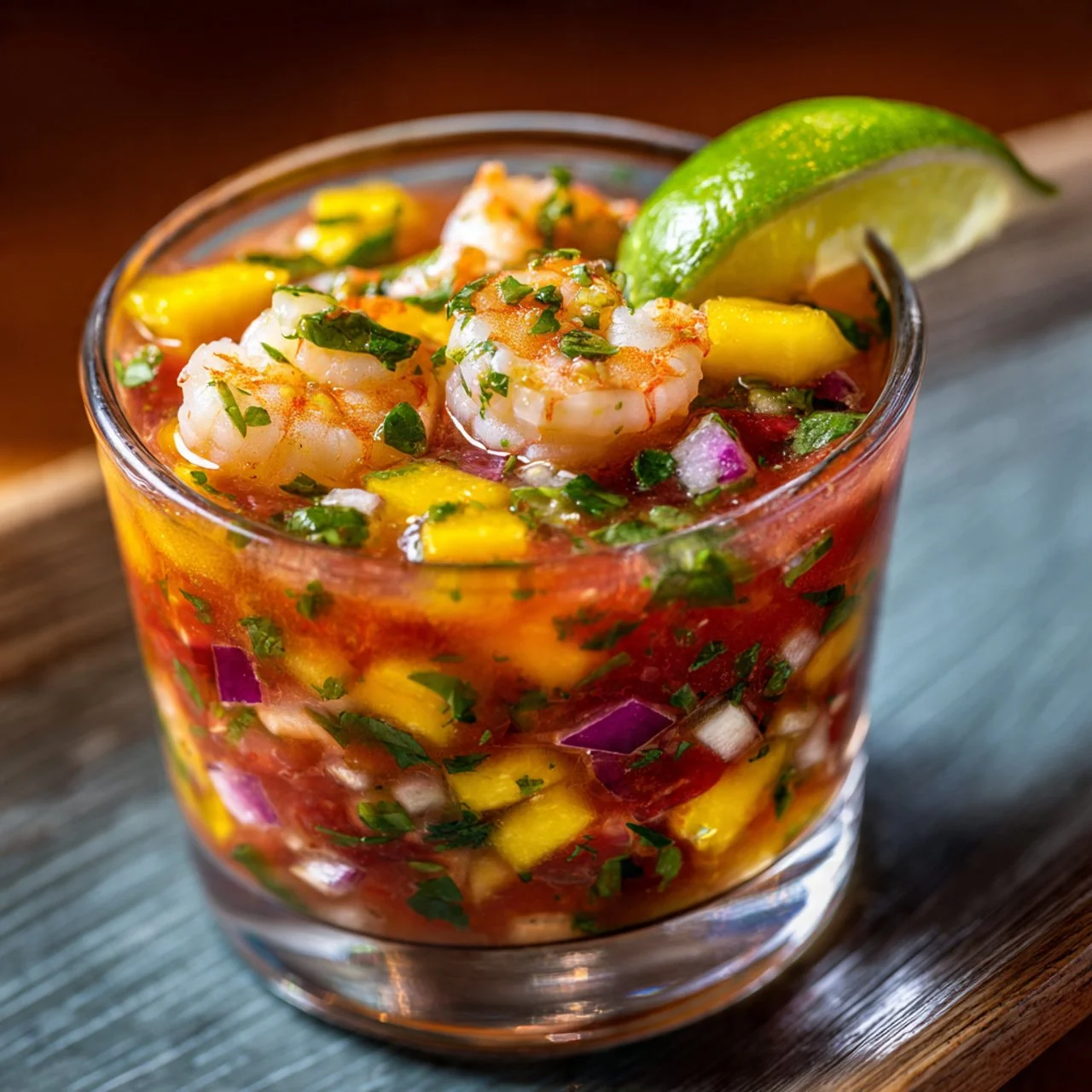 Colorful Mexican-style shrimp cocktail garnished with lime and avocado