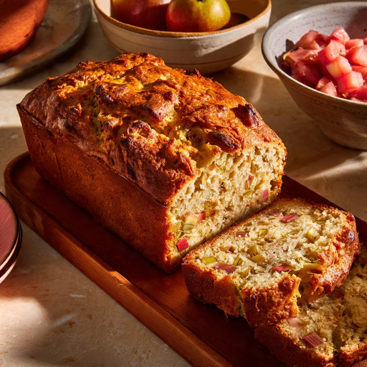 Moist rhubarb bread with oil and applesauce, fresh out of the oven