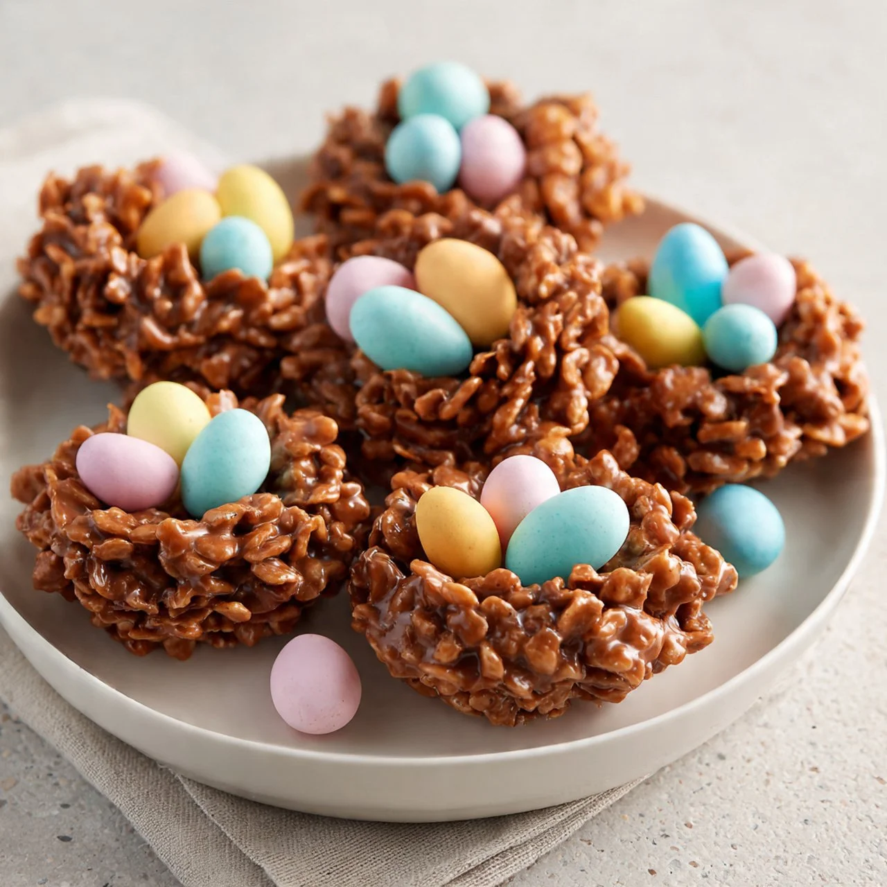 No Bake Birds Nest Cookies with chocolate and candy eggs on a plate