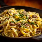 One-pot creamy beef pasta with garlic butter served in a bowl.