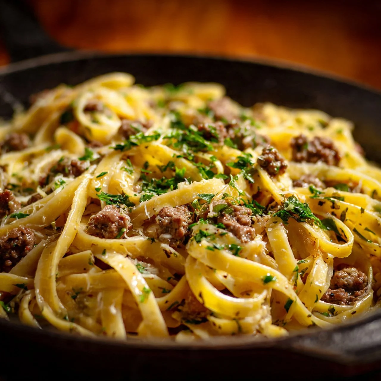 One-pot creamy beef pasta with garlic butter served in a bowl.