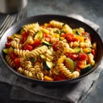 One-pot veggie pasta with colorful vegetables and herbs