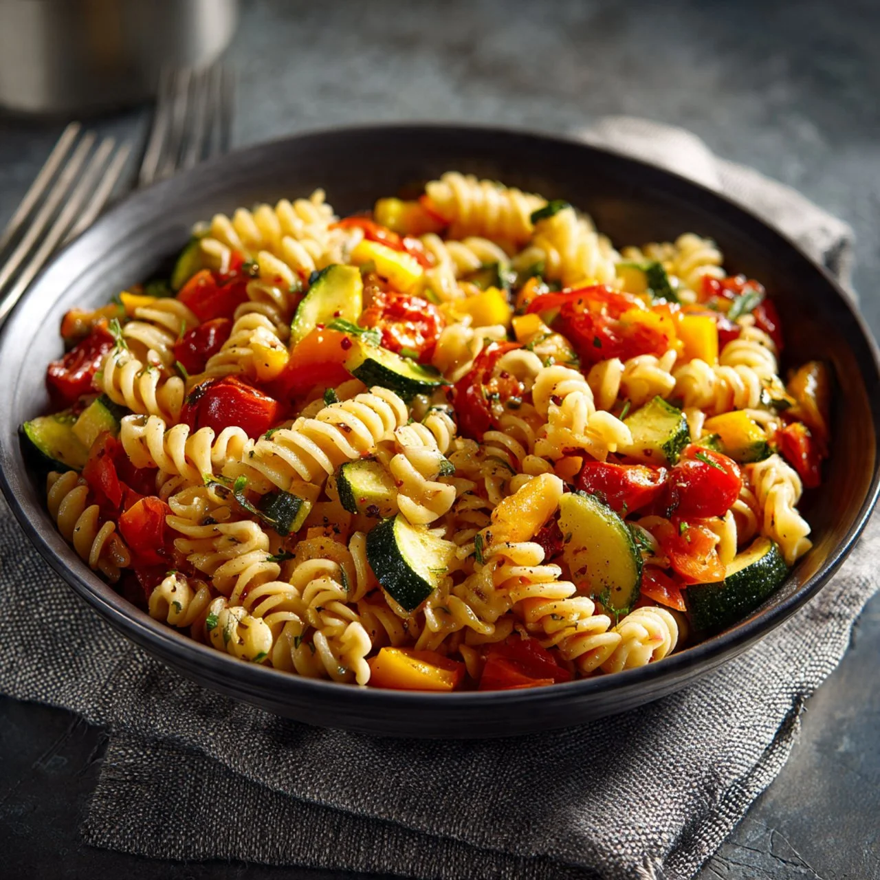 One-pot veggie pasta with colorful vegetables and herbs