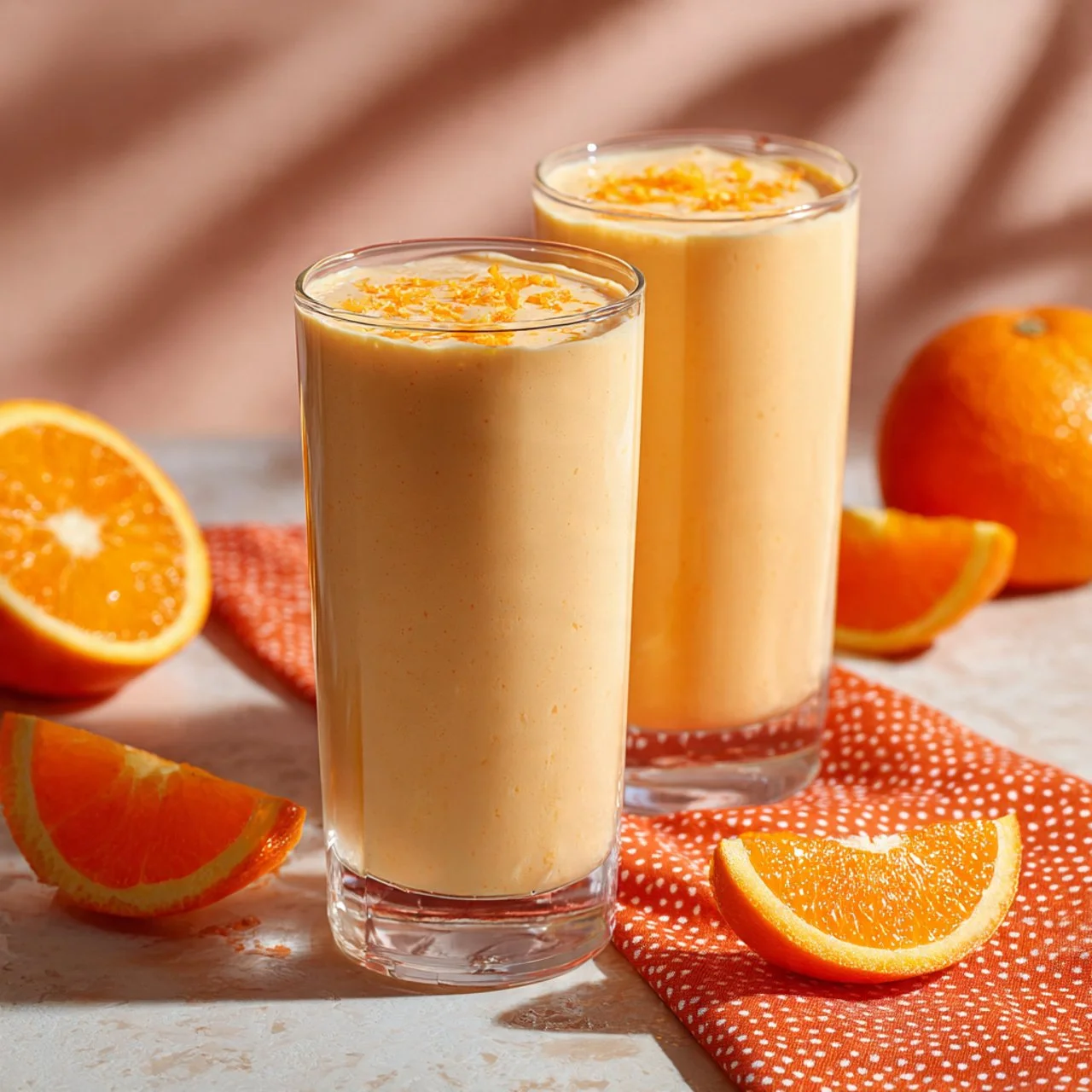 Delicious orange creamsicle smoothie in a glass with a straw