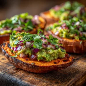 Oven-baked sweet potato toast topped with spicy guacamole on a plate.
