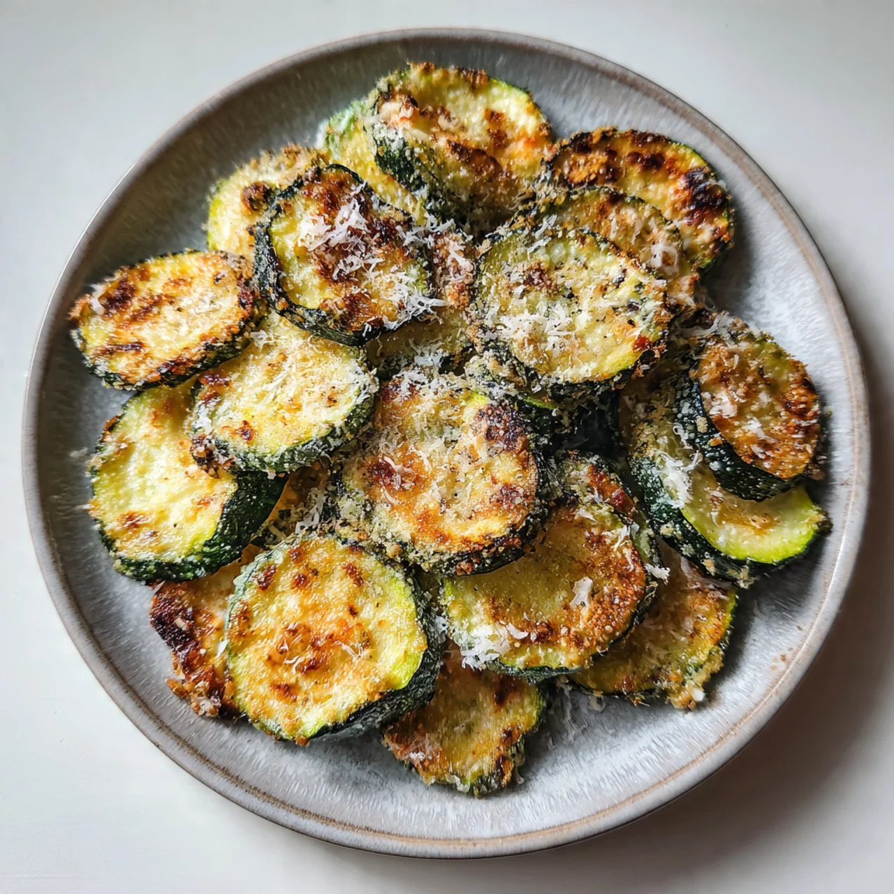 Oven-baked zucchini chips served in a bowl, healthy snack option.