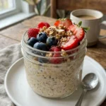 Delicious overnight oats with fresh berries in a bowl, ideal for a healthy breakfast.