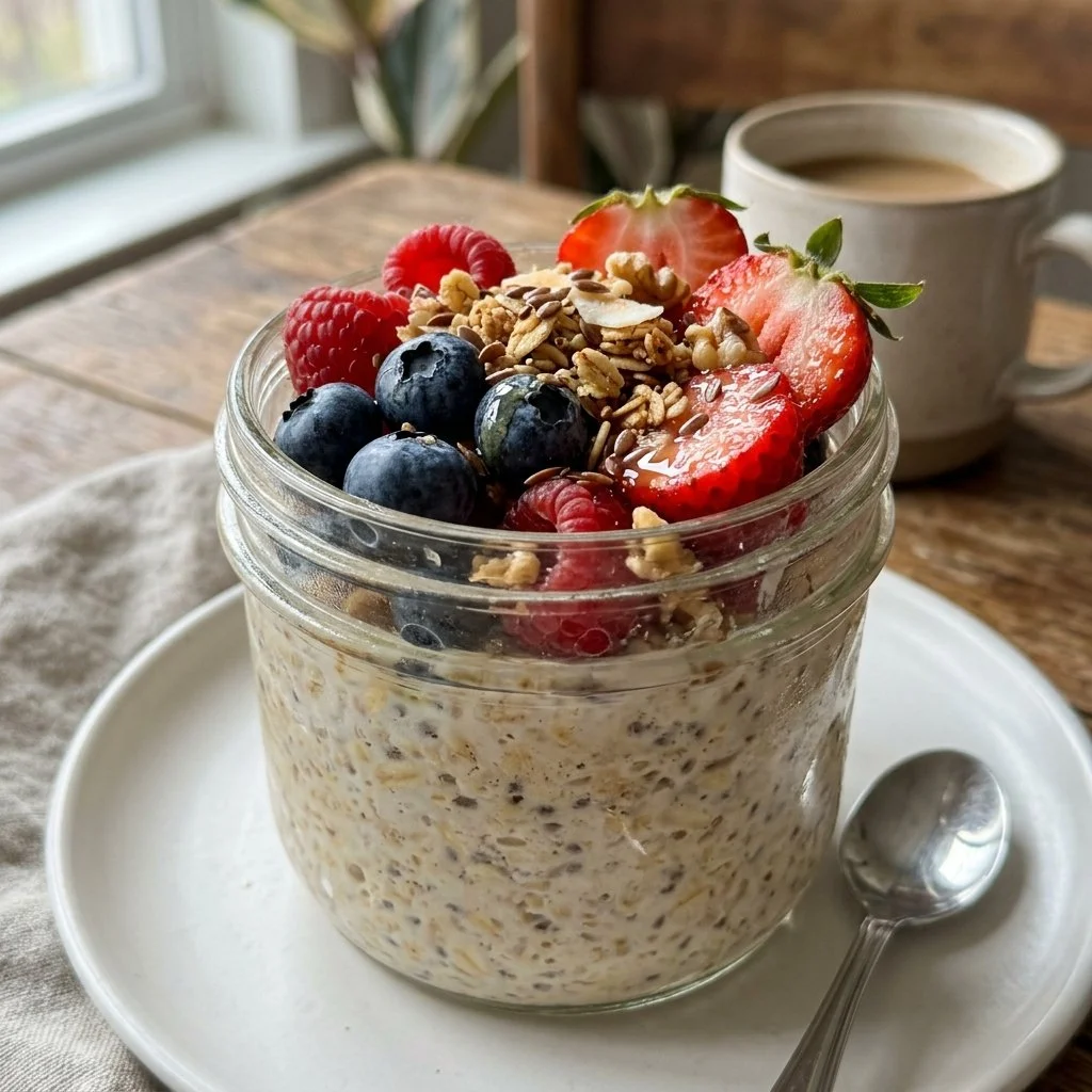 Delicious overnight oats with fresh berries in a bowl, ideal for a healthy breakfast.