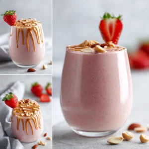 Delicious Peanut Butter and Jelly Smoothie in a glass with fresh ingredients