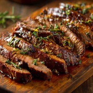 Perfectly marinated flank steak on a grill