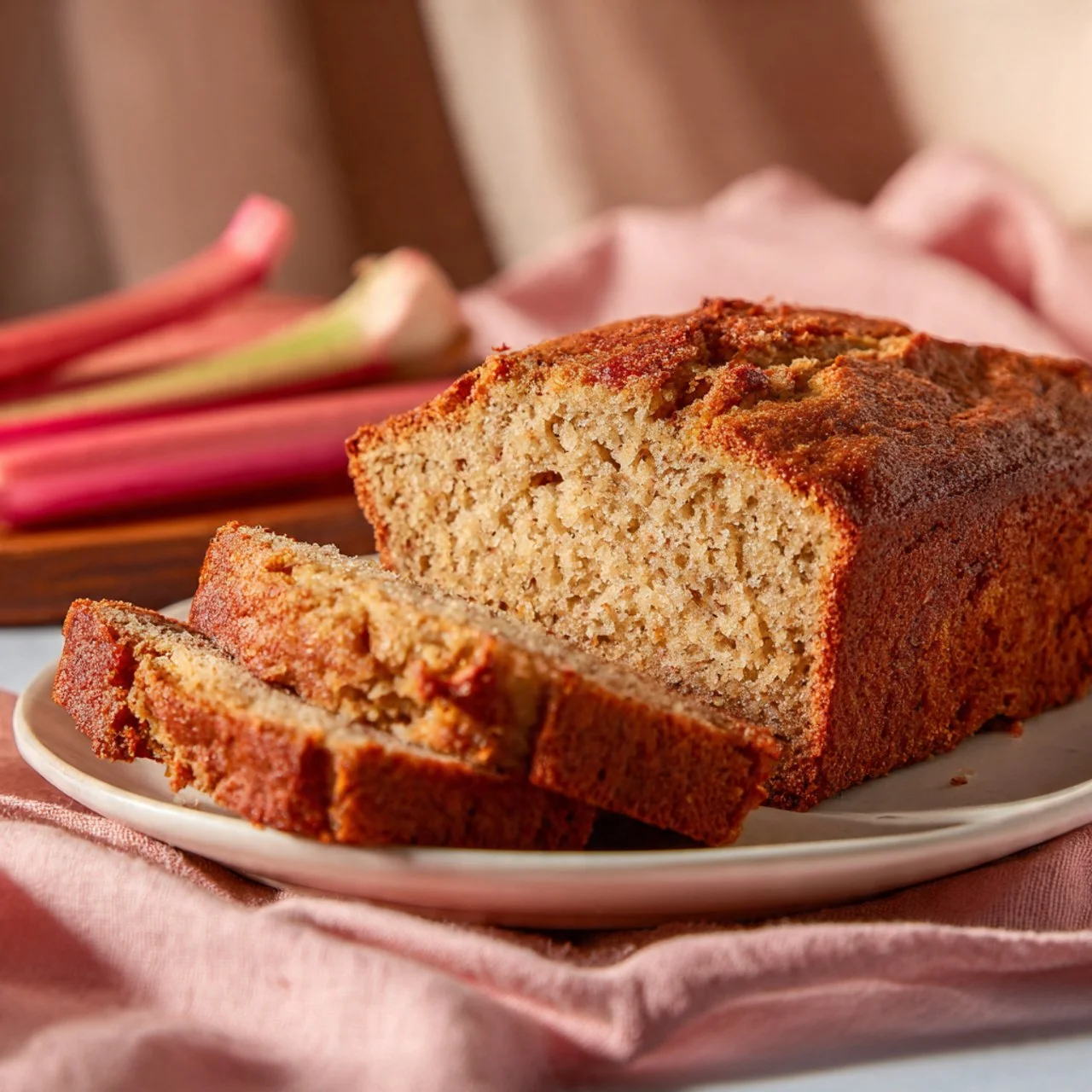 Slice of quick rhubarb bread showcasing its moist texture and vibrant rhubarb pieces.