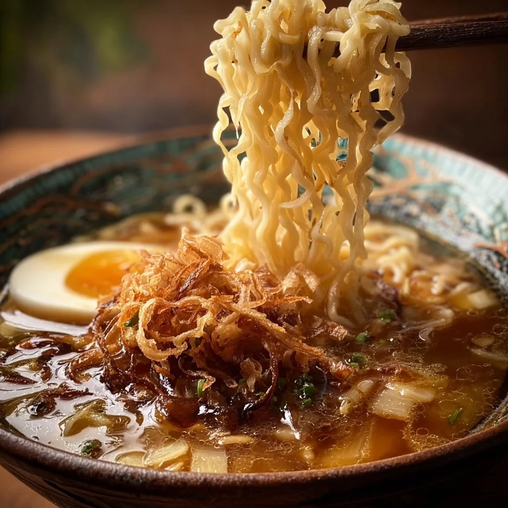Bowl of ramen noodle soup with French onion broth and toppings