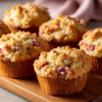 Freshly baked rhubarb muffins with buttermilk, golden and fluffy