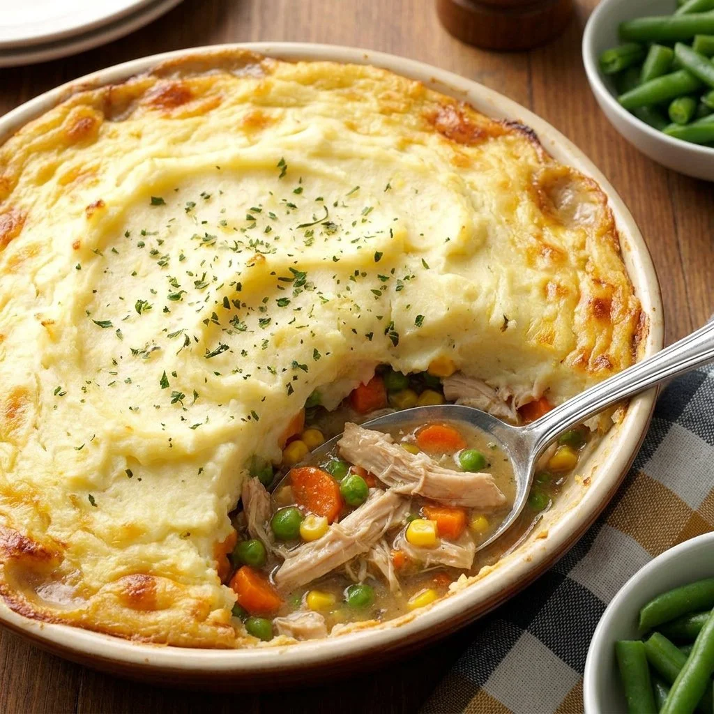 Delicious Rotisserie Chicken Shepherd's Pie topped with mashed potatoes