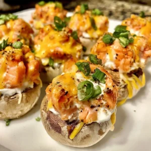 Salmon stuffed mushrooms on a platter, garnished and ready to serve.