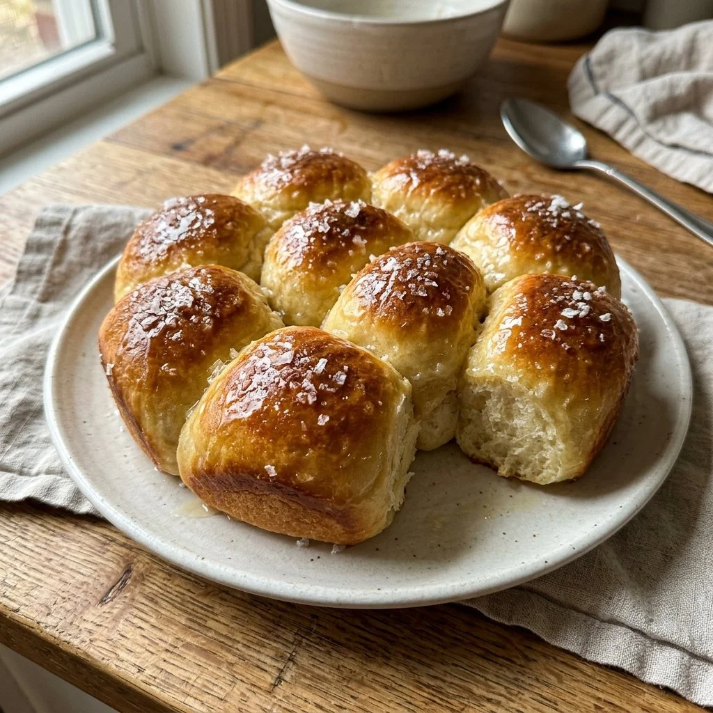 Freshly baked salted honey butter sourdough rolls served warm.