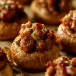 Plate of savory sausage stuffed mushrooms appetizer