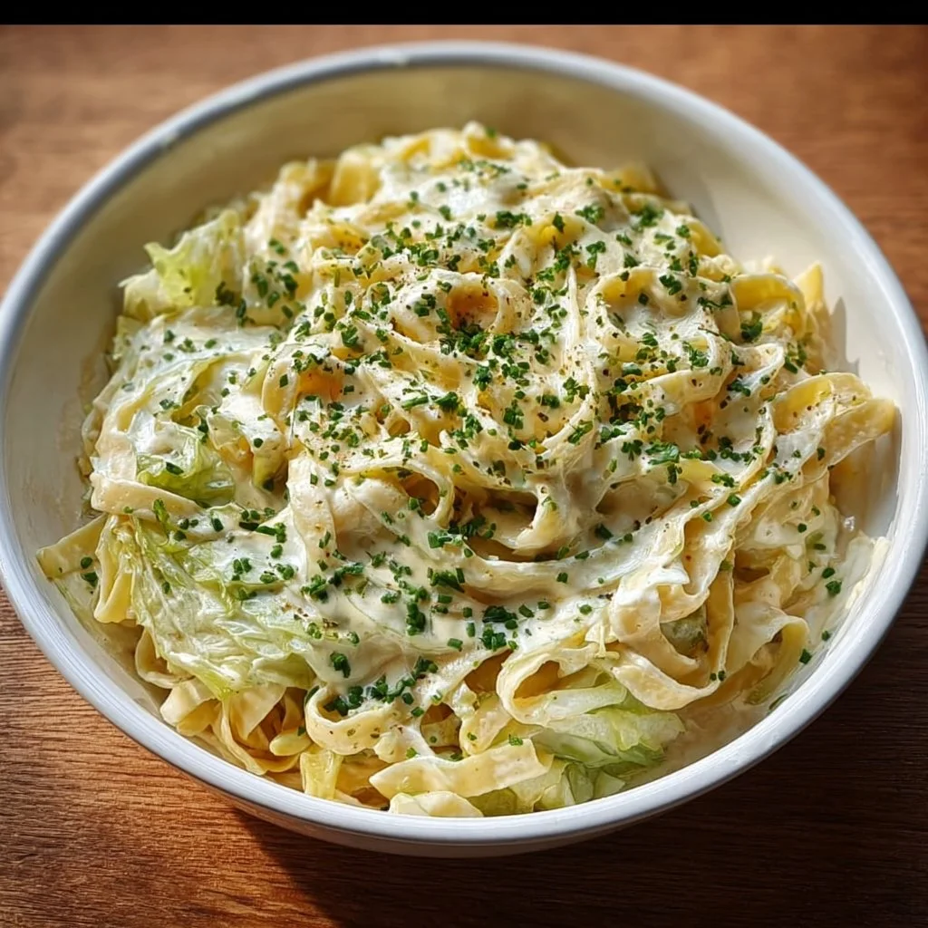 A delicious bowl of low-carb Cabbage Alfredo Pasta topped with herbs