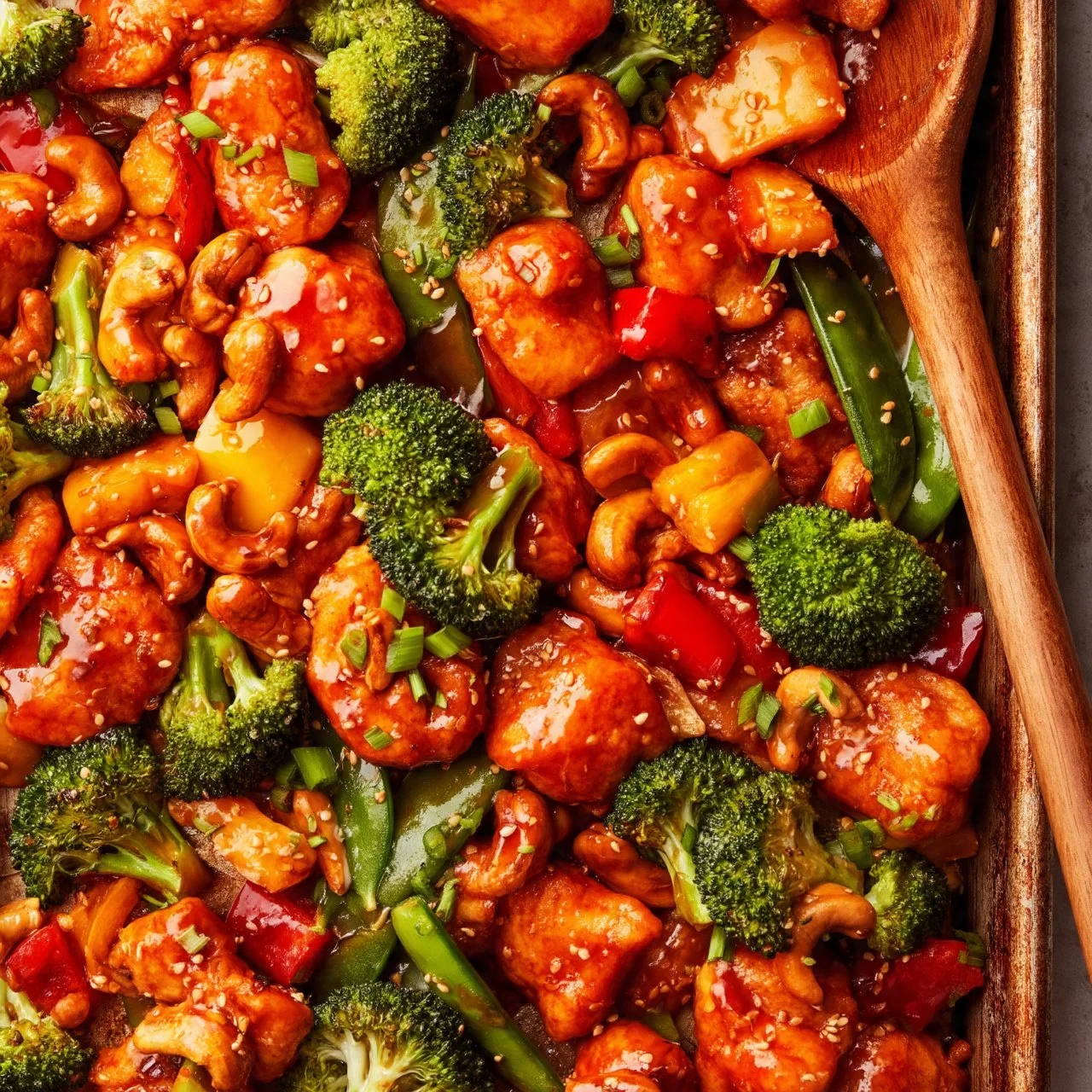 Sheet Pan Cashew Chicken with vibrant vegetables and nutty cashews on a baking tray.