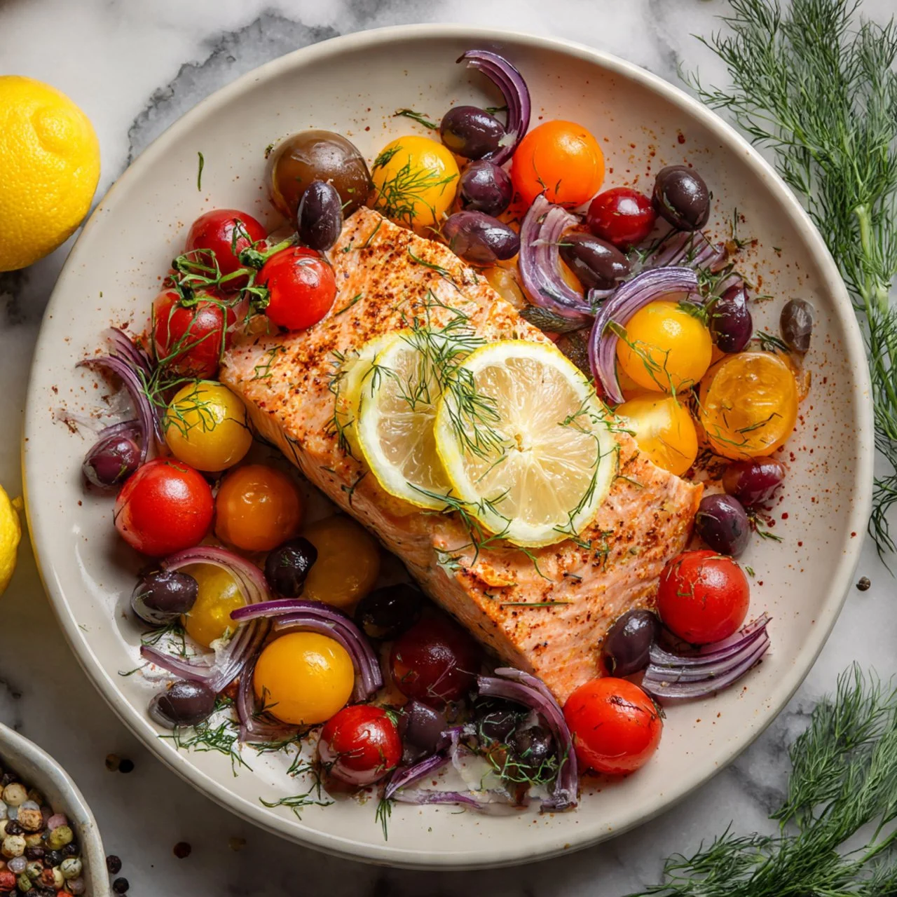 Sheet Pan Greek Salmon with vibrant vegetables and Mediterranean spices on a baking tray