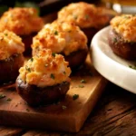 Deliciously baked shrimp stuffed mushrooms topped with herbs and cheese.